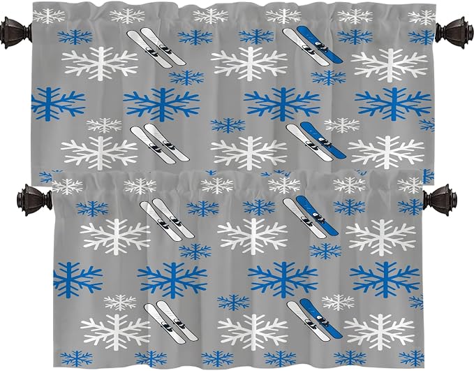 Shrahala Snowflakes Skis Blackout Short Curtains for Windows, Winter Sports Themed Pattern Kitchen Valance Thermal Insulated Rod Pocket Window Treatment for Bathroom 2 Pack 52 X 18 in
