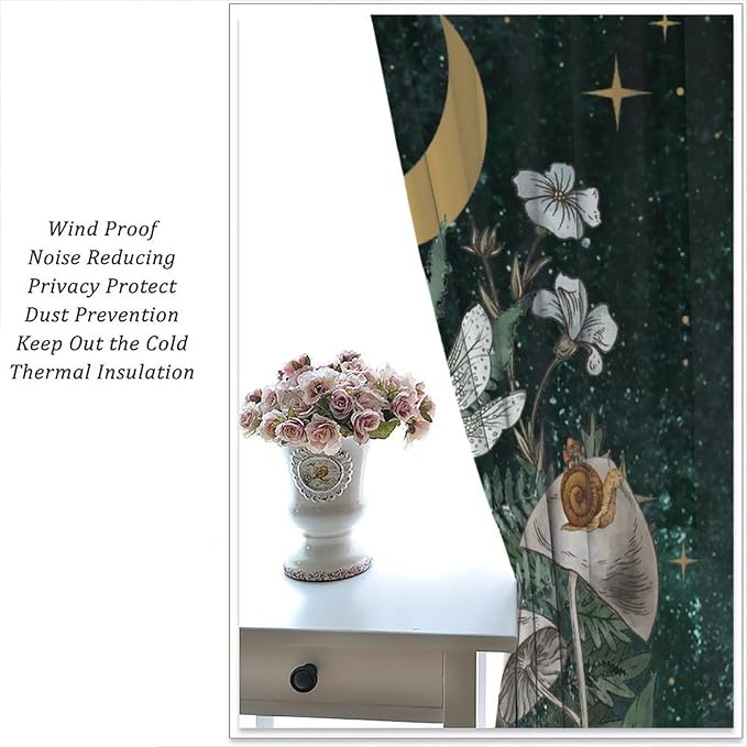 Vintage Mushroom Curtains, Watercolor Fern Botanical Mushroom Herbs Nature Plants Moon Stars Dark Green Universe Blackout Window Treatments for Kitchen Bedroom, 63" W X 72" L