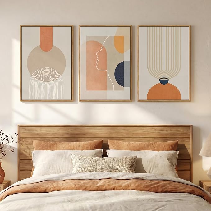 3 Piece Framed Abstract Boho Canvas Wall Art for Living Room, Large Mid Century Modern Geometric Line Prints Paintings, Neutral Minimalist Beige Orange Artwork Decor for Bedroom Entryway, 16x24 Inch