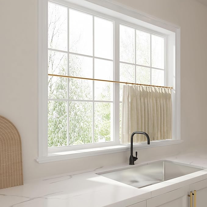 TWOPAGES 26" W x 45" L Linen Blend Cafe Curtains for Kitchen Window, Light Filtering Pinch Pleated Tier Curtains, Modern Farmhouse Half Window Curtains for Small Window, Sand Beige, 2 Panels