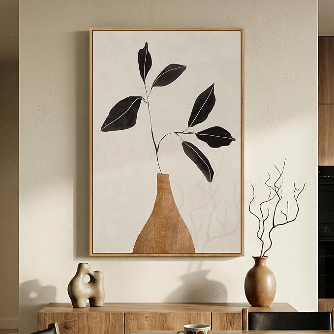 Framed Boho Abstract Neutral Floral Wall Art for Living Room, Minimalist Leaf in Brown Vase Print Canvas Artwork for Walls, Nordic Wabi Sabi Mid Century Modern Bedroom Kitchen Wall Decor, 24x36 In