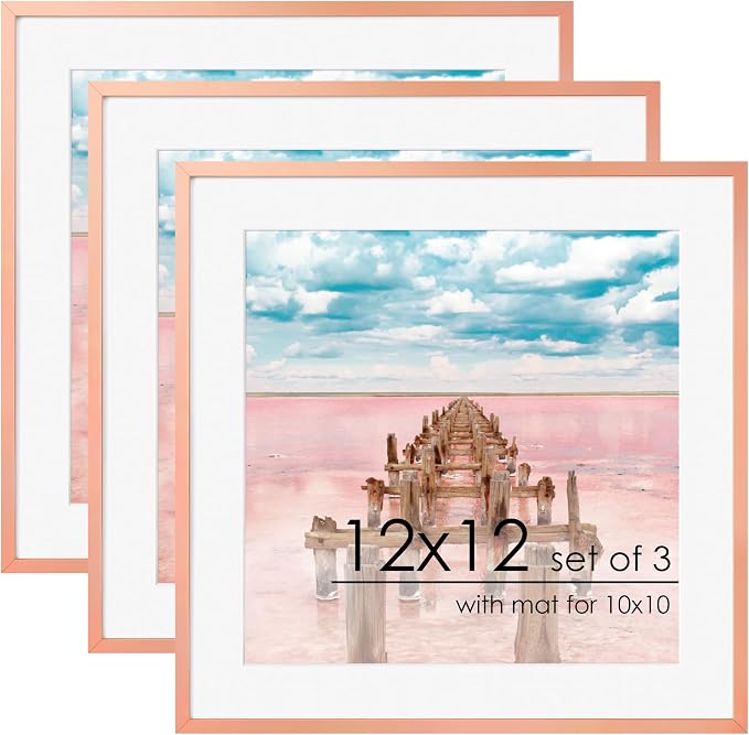 FLYJOE 12x12 Frame | Metal Square Picture Frame With Tempered Glass | 12x12 Frame With Mat For 10x10 | Minimalist Modern Poster Frame | Hanging Hardware Included | Rose Gold, 3Pcs
