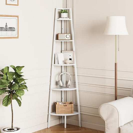 Yoobure 5‑Tier Corner Shelf – Sturdy Metal Frame & Wood Ladder Bookshelf, Space‑Saving Display Shelves for Plants & Books, Easy Assembly, for Bedroom, Living Room, Office, Balcony