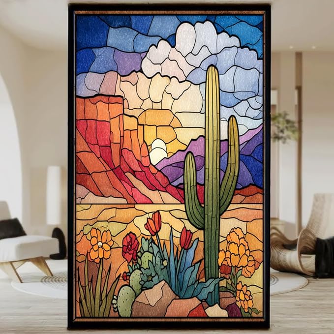 Colorful Desert Stained Glass Window Film, Artistic Cactus Landscape Peel and Stick Privacy Film, Frosted Adhesive Vinyl Decorative for Bathroom Windows Glass Doors, 19.7Wx31.5L inch