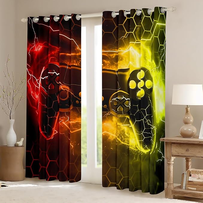 Feelyou Kids Boys Red Yellow Gamer Darkening Drapes Honeycomb Gaming Blankout Curtains for Toddler Lightning Gamer Window Curtains Game Room Decor Window Treatments (2 Panels, 52 x 90 Inch)