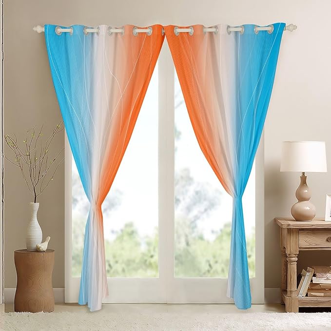 jejeloiu (2 Panels, 38 x 54 Inch Orange and Blue Darkening Drapes Strip Lines Curtains for Bedroom Living Room for Kids Women Men Ombre Printed Blackout Curtains Geometric Window Treatments