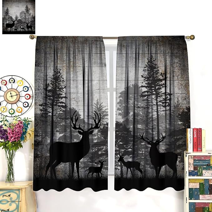 Retro Animal Blackout Curtains Vintage Grey Old Forest Deer Hunting Lodge Windows Treatments Rod Pocket for Kitchen Living Room Bedroom 42x45in