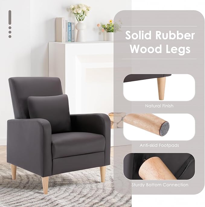 COLAMY Mid-Century Modern Accent Chair, Faux Leather Upholstered Living Room Chair with Back Pillow & Solid Wood Legs, Comfy Armchair for Living Room, Bedroom, Single Sofa, Dark Brown