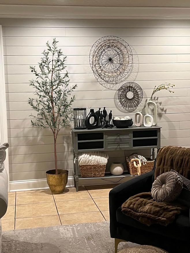 Aveyas 7ft Artificial Olive Tree for Home Decor, 7 Feet Large Faux Plant Fake Skinny Silk Trees with Black Olivo for Indoor Outdoor House Living Room Office (7 ft Tall)