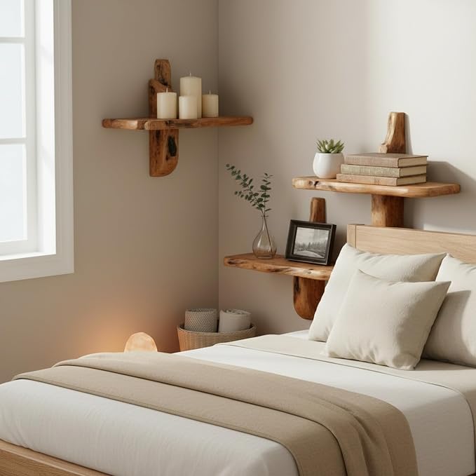 16" Live Edge Wall Mounted Beside Shelf Set of 2, Wood Floating Shelf, Floating Nightstand Handcrafted Root Cedar Bedside Floating Shelf, Unique Natural Wood Wall Decor for Bedroom, Living Room