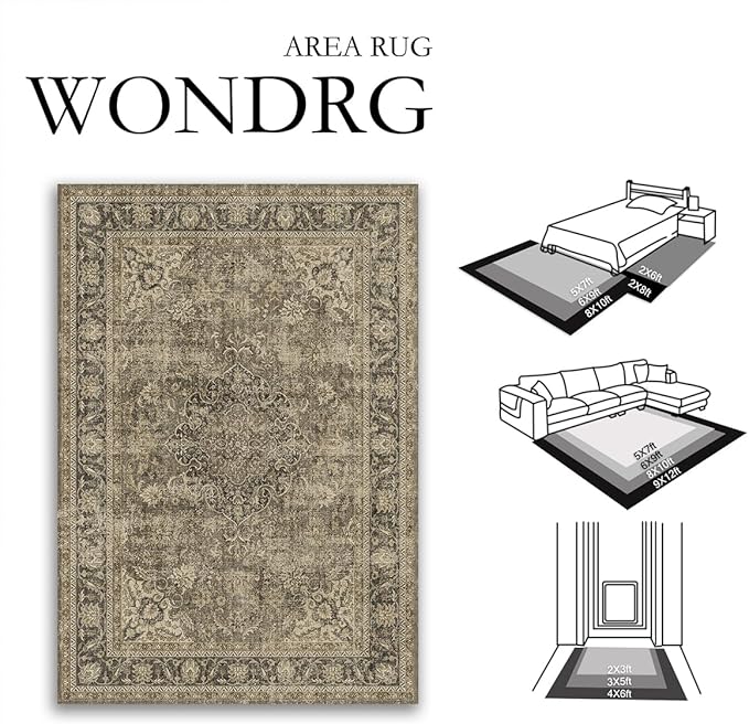8x10 Washable Area Rug Brown Vintage Non Slip Soft Medium Pile Rug for Living Room Bedroom Dining Room Office Distressed Oriental Indoor Large Throw Carpet for Home Decor