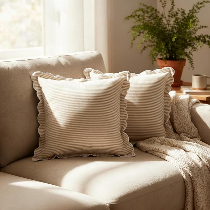 Newwiee 2 Pack Scalloped Pillow Cover 18 x 18 Inch Stripe Throw Pillow Cover Cotton Decorative Pillowcase for Women Men Couch Living Room Cushion Indoor Outdoor Decoration (Beige, Scalloped)