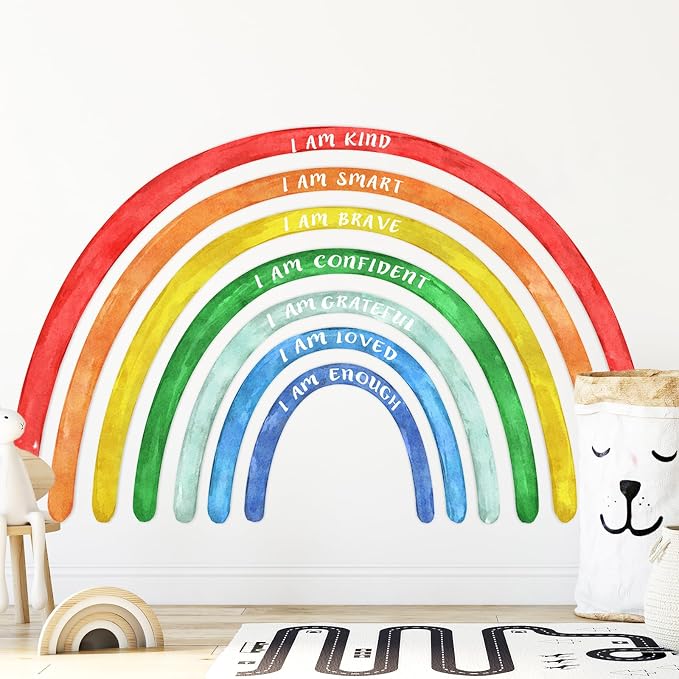 Tinideya 77" x 47'' Large Watercolor Rainbow Wall Decal with Inspirational Quote, Peel and Stick Rainbow Stickers Watercolor Vinyl Wall Mural Art for Girls Toddlers Playroom Bedroom Classroom(Bright)