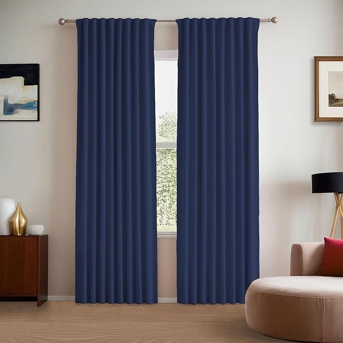 Thermal Insulated Blackout Curtains, 96 Inches Long 2 Panels, Back Tab and Rod Pocket Sound Proof Curtain for Window, Pinch Pleated Living Room Drapes with Hook for Track System