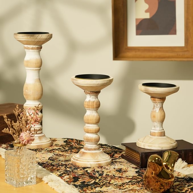 Wooden Pillar Candle Holder: Rustic White Candle Stand Wood Distressed Candleholders Farmhouse Fall Decor for Christmas Fireplace Mantle Dining Table Living Room Shelf Set of 3