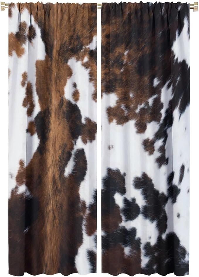 Cow Print Blackout Curtain,Brown White Cowhide Animal Fur Western Rustic Farmhouse Style Window Treatments Rod Pocket Curtain for Bedroom Living Room Kitchen Decor Drapes 42x63in