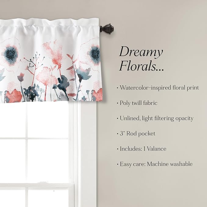 Lush Decor Zuri Flora Room Darkening Valance Curtain Single 52" W x 18" L + 2" Header Blue & Coral - Valances for Windows - Floral Kitchen Curtains