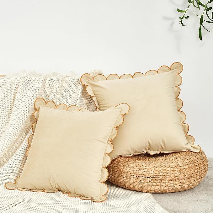 MONDAY MOOSE Decorative Throw Pillow Covers Cushion Cases, Set of 2 Soft Velvet Scalloped Round Edge Designs, Mix and Match for Home Decor, Pillow Inserts Not Included (20x20 inch, Cream)