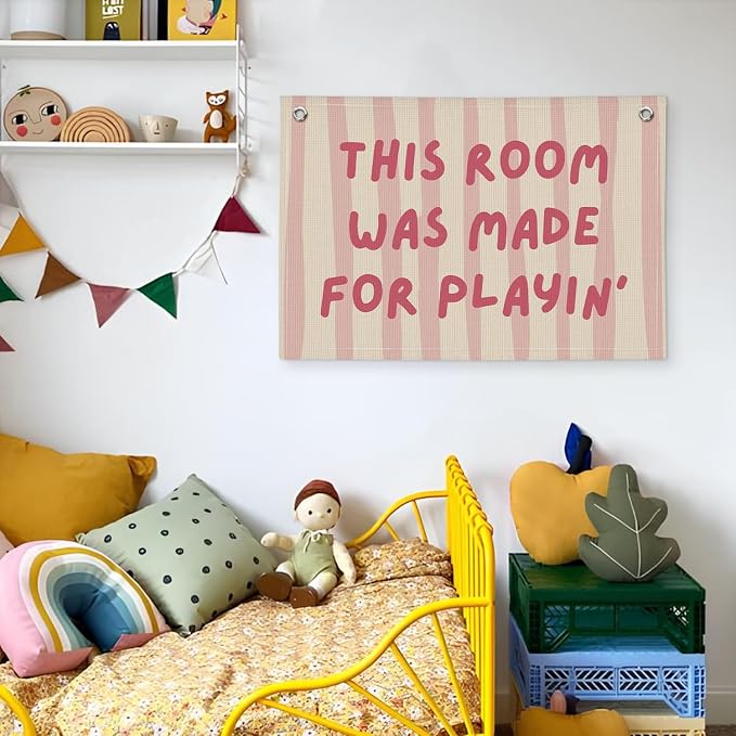 Playroom Decor Wall Banner "This Room Was Made For Playin'" 20x30 Inch - Nursery Canvas Art, Kids Bedroom Hanging, Linen Toddler Play Area Sign, Children's Canvas Flag Decor - Pink