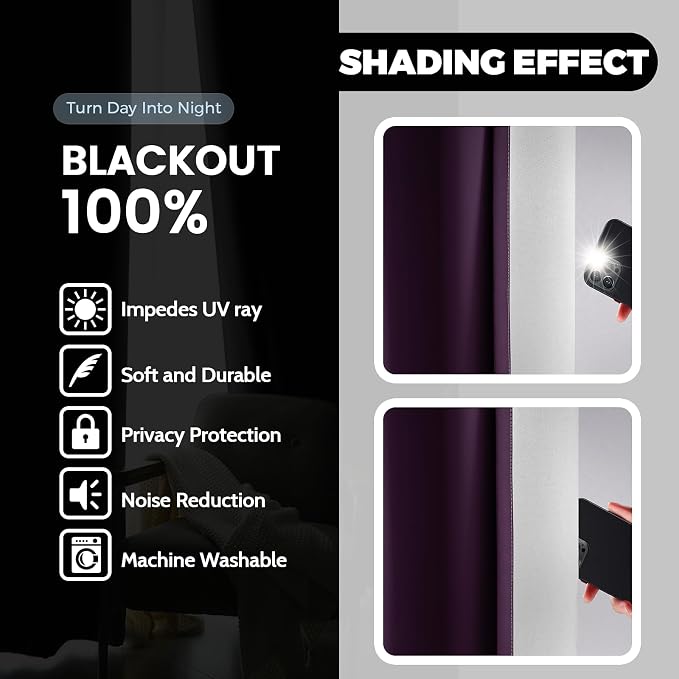 Yakamok 100% Blackout Curtains Ombre Purple Curtains for Bedroom 63 Inch | 2 Layers,Room Darkening Grommet Gradient Drapes,Light Blocking Thermal Insulated Window Curtains for Living Room 52W x 63 L