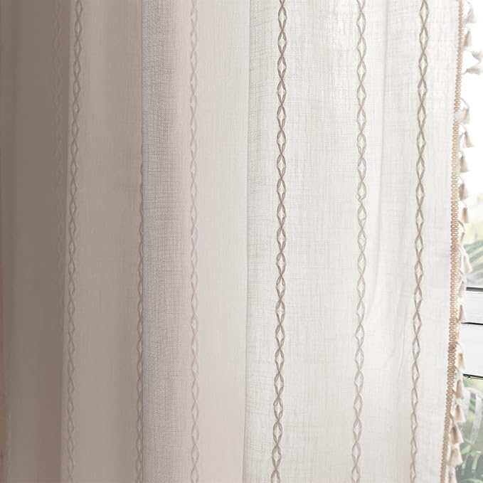 RoomTalks White Modern Farmhouse Textured Curtains for Bedroom Living Room 63’’L x 52’’W Light Filtering French Country Boho Chic Tassel Window Curtain Panels Striped Bohemian Draperies
