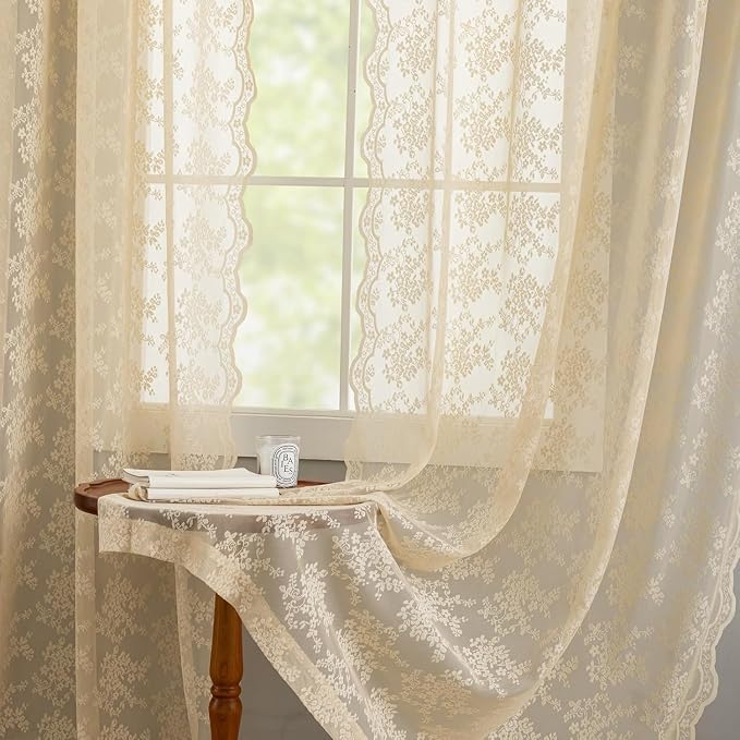 YJ YANJUN Vintage Lace Curtains 90 Inches Long-Victorian Floral Beige Sheer Curtains for Living Room Bedroom Light Filtering Drapes Farmhouse Boho 70s Home Decor 2 Panels W52 X L90 Light Beige