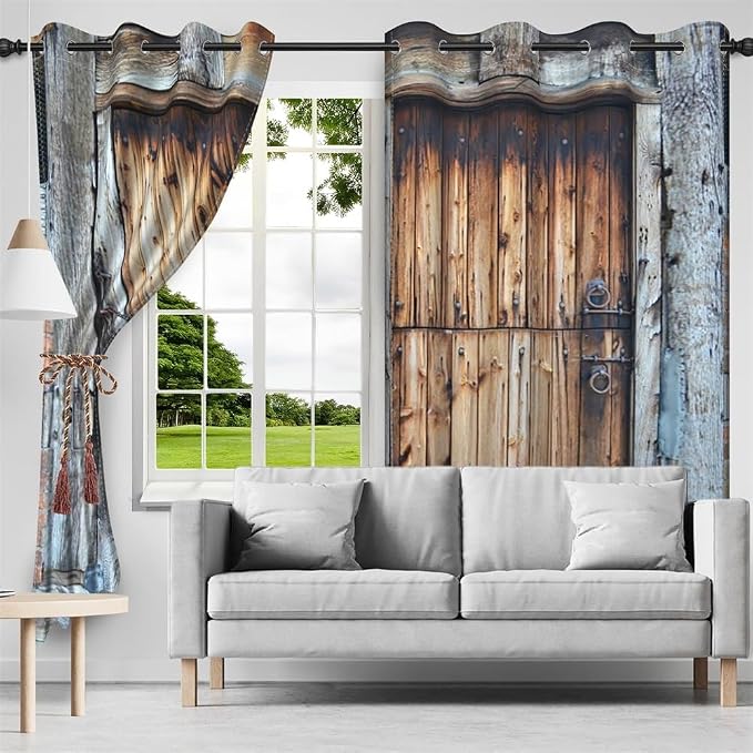 Rustic Barn Door Window Curtains Vintage Dilapidated Wooden Door Window Curtains Window Drapes for Living Room Bedroom Rural Farmhouse Farm Kitchen Window Treatment,26x84 inch,2 Panels