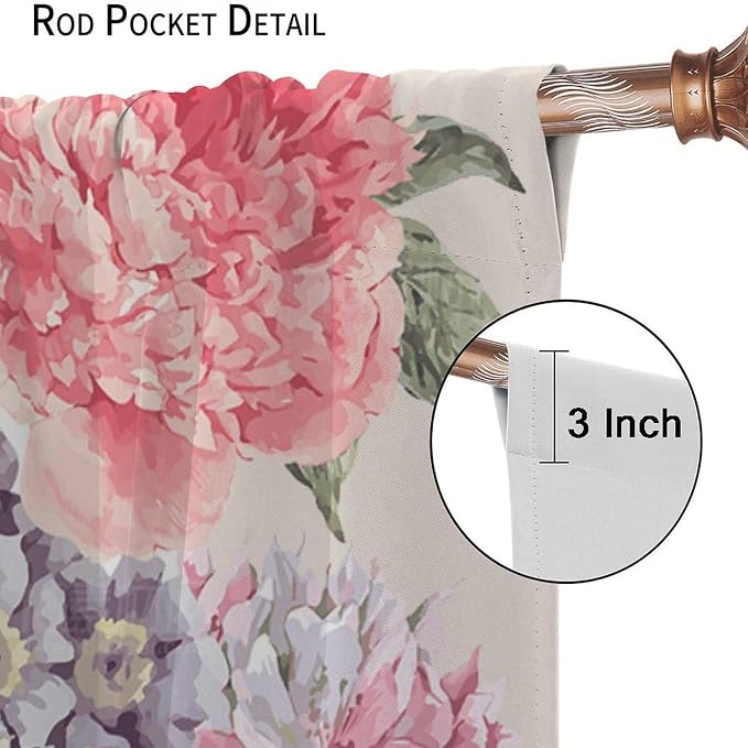 Floral Blackout Window Curtain Vintage Bouquet of Peony Wild Flowers Nature Botanical Leaf for Home Kitchen Livingroom Coffee Room Window Drapes 2Panel 42" W X 63" L