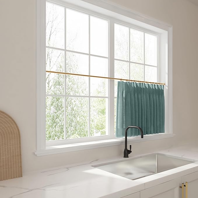 TWOPAGES 26" W x 30" L Linen Blend Cafe Curtains for Kitchen Window, Light Filtering Pinch Pleated Tier Curtains, Modern Farmhouse Half Window Curtains for Small Window, Everglade Teal, 2 Panels
