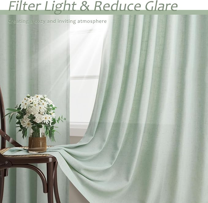 Aersas Aqua Green Linen Curtains 84 Inches Long 2 Panels Set Back Tab Rod Pocket Living Room Curtain Farmhouse Rustic Light Filtering Hook Drapes for Bedroom 52 Inch Width x 84 Inch Length