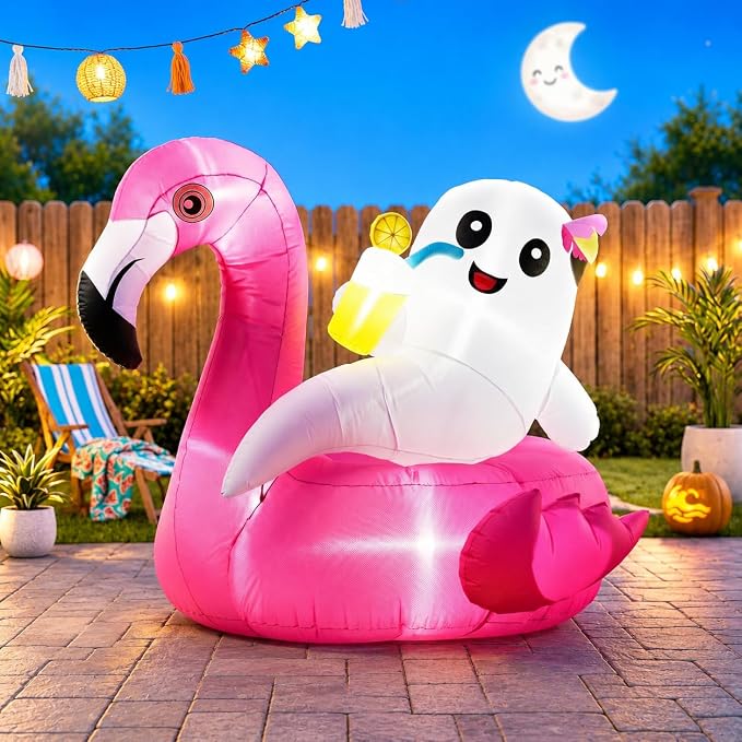4.9FT Summerween Decorations Inflatable Ghost on Flamingo Float, Halloween Outdoor Inflatable Decor with Tropical Drink and LED Lights for Yard Lawn Garden Home, Summerween Party Decorations
