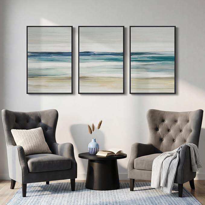 Framed Abstract Coastal Wall Art for Living Room, 3 Piece Blue Beach Landscape Canvas Artwork for Walls, Large Minimalist Ocean Seascape Painting Prints for Bedroom Hallway Wall Art Decor, 20x30 Inch