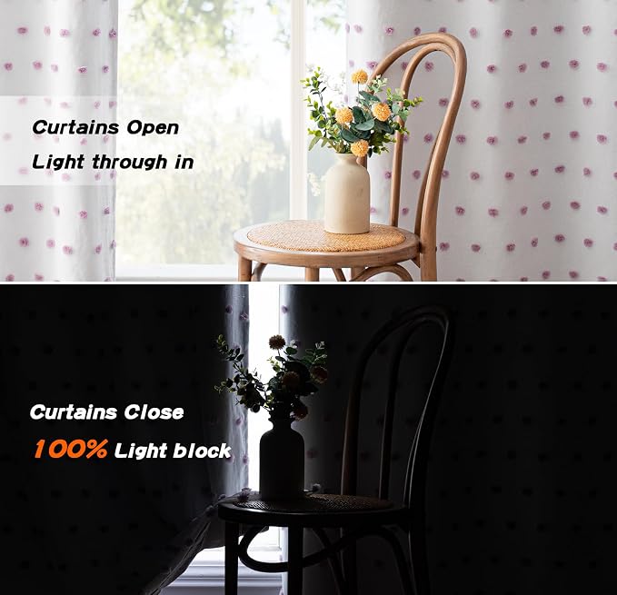 MYSKY HOME Total Blackout Curtains for Girls Bedroom with Purple Pom Pom Sheer 90 Inch Long 100% Light Blocking Curtains for Living Room 2 Panels Room Darkening Back Tab Double Layer Drapes 52" x 90"