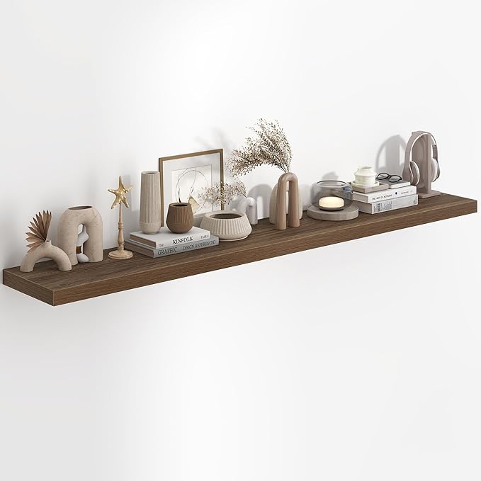Fun Memories 72 Inch Long Floating Shelves for Wall, 72x9.3 Large Floating Shelf for Bedroom, Kitchen, Bathroom, Wall Mounted Rustic Wood Shelves with Invisible Bracket for Books, Decor, Walnut