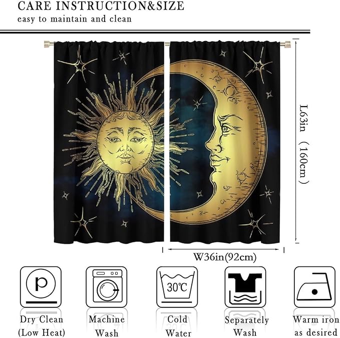 Sun Moon Blackout Windows Curtains, Boho Chic Art Golden Sun Moon and Stars Over Blue Black Sky Antique Style Curtains, for Living Room Bedroom 72x63in 2 Panels