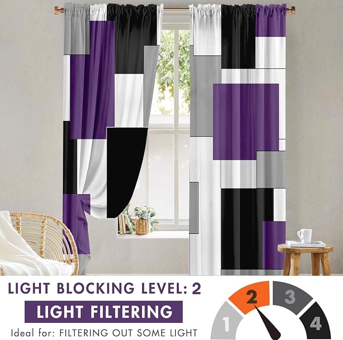 Purple and Black Curtains for Living Room 84 Length Curtains Geometry Modern White Purple Abstract Rod Pocket Curtain for Bedroom Kitchen Room Window Drapes 2 Panels