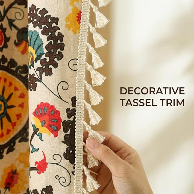 VOGOL Vibrant Boho Curtains, Red Sun Disc Mandala Floral Drapes to Brighten Your Living Room, European Ethnic Style Textured Fabric with Tassels, 59"x79", 1 Panel