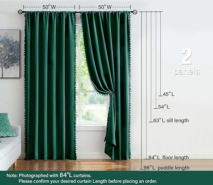 Treatmentex Green Blackout Curtains for Bedroom 84 inch Pom Pom Windows Drapes Cute Decorative Triple Weave Thermal Insulated Curtain Drapes for Nursery Room Studio Hotel 52" w x2 Panels Rod Pocket