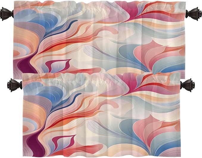 Shrahala Colorful Waves Blackout Short Curtains for Windows, Fluid Abstract Pattern Kitchen Valance Thermal Insulated Rod Pocket Window Treatment for Bathroom 2 Pack 52 X 18 in