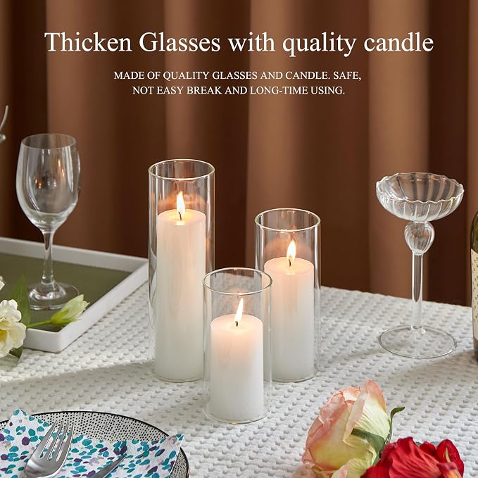 Set of 24 White Pillar Candles with Clear Glass Hurricane Holders- Elegant Cylinder Candle Vases for Weddings, Parties, Centerpieces, Home & Office Decor (White, 24 Set)