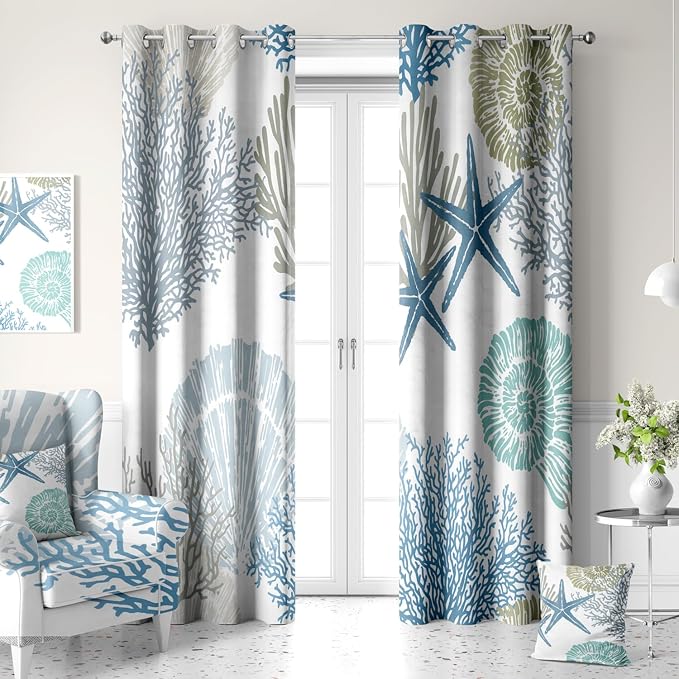 Blue Teal Coastal Window Curtains, Beach Nautical Starfish Coral Window Drapes Blackout Treatment Darkening Thermal Insulated Grommet for Living Room Bedroom Decor 2 Panels 52x84 Inches