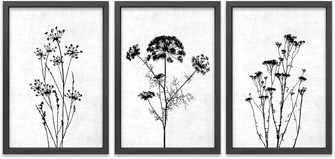 TQianJiang Flower Plant Wall Decor 16"x11" Black And White Botanical Painting Wood Framed Set of 3 Bedroom Office Abstract Wildflower Sign Hanging Art (Black)