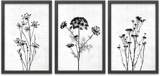 TQianJiang Flower Plant Wall Decor 16"x11" Black And White Botanical Painting Wood Framed Set of 3 Bedroom Office Abstract Wildflower Sign Hanging Art (Black)