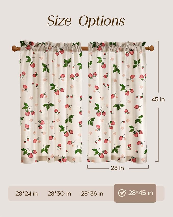 Miss Adola Farmhouse Kitchen Tier Curtains - 45 Inch Length Linen Blend Country Cafe Curtains Strawberry Small Window Treatments Over Sink Rod Pocket for Bathroom Living Room Light Filtering, 2 Panels