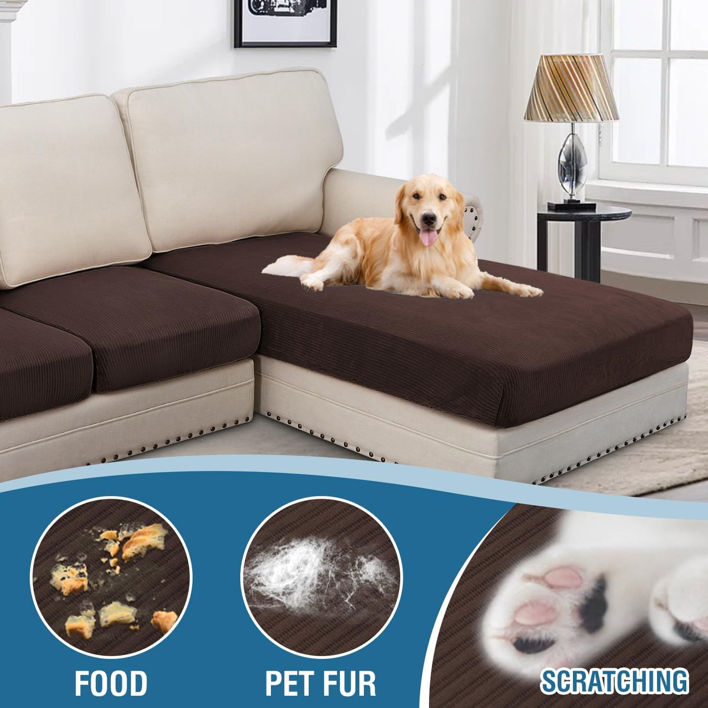 H.VERSAILTEX Velvet Stretch Sectional Couch Covers - 3 Piece L Shape Separate Cushion Set for Large 2 Seater + 1 Chaise, Brown Striped