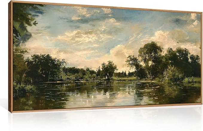 Vintage Landscape Framed Canvas Wall Art Set,Rustic Natural Green Trees and Lake Wall Decor,Classic Nature Scenic French Country Forest Artwork for Living Room,Bedroom,Farmhouse-40 x20 x1