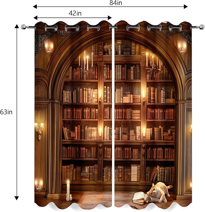 MissHope Vintage Bookshelf Blackout Curtains Book Bookcase Decor Bedroom Study Classroom Living Room Darkening Grommet Window Drapes 2 Panel Set, 42x63 Inch