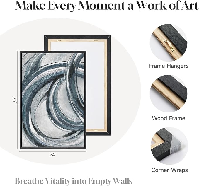 Framed Blue Gray Abstract Wall Art Set of 2, Modern Circle Line Canvas Artwork for Walls, Contemporary Abstract Paintings Prints for Living Room Bedroom Office Hallway Wall Decor, 24x36 In