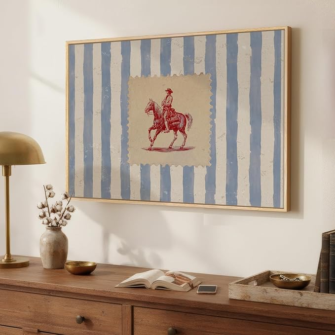 Large Framed Western Cowboy Wall Art for Living Room, Vintage Farmhouse Horse Canvas Prints Paintings, Blue Striped Country Picture Artwork Decor for Bedroom Entryway 36x24 Inch