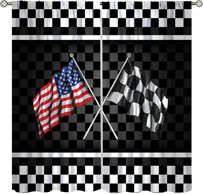 American Flag Window Curtain,Racing Car Black White Checkered Flag Abstract Sports Geometric Cloth Farbic Cafe Dining Room Office Living Room Kitchen Bedroom Drapes, 84x84 in